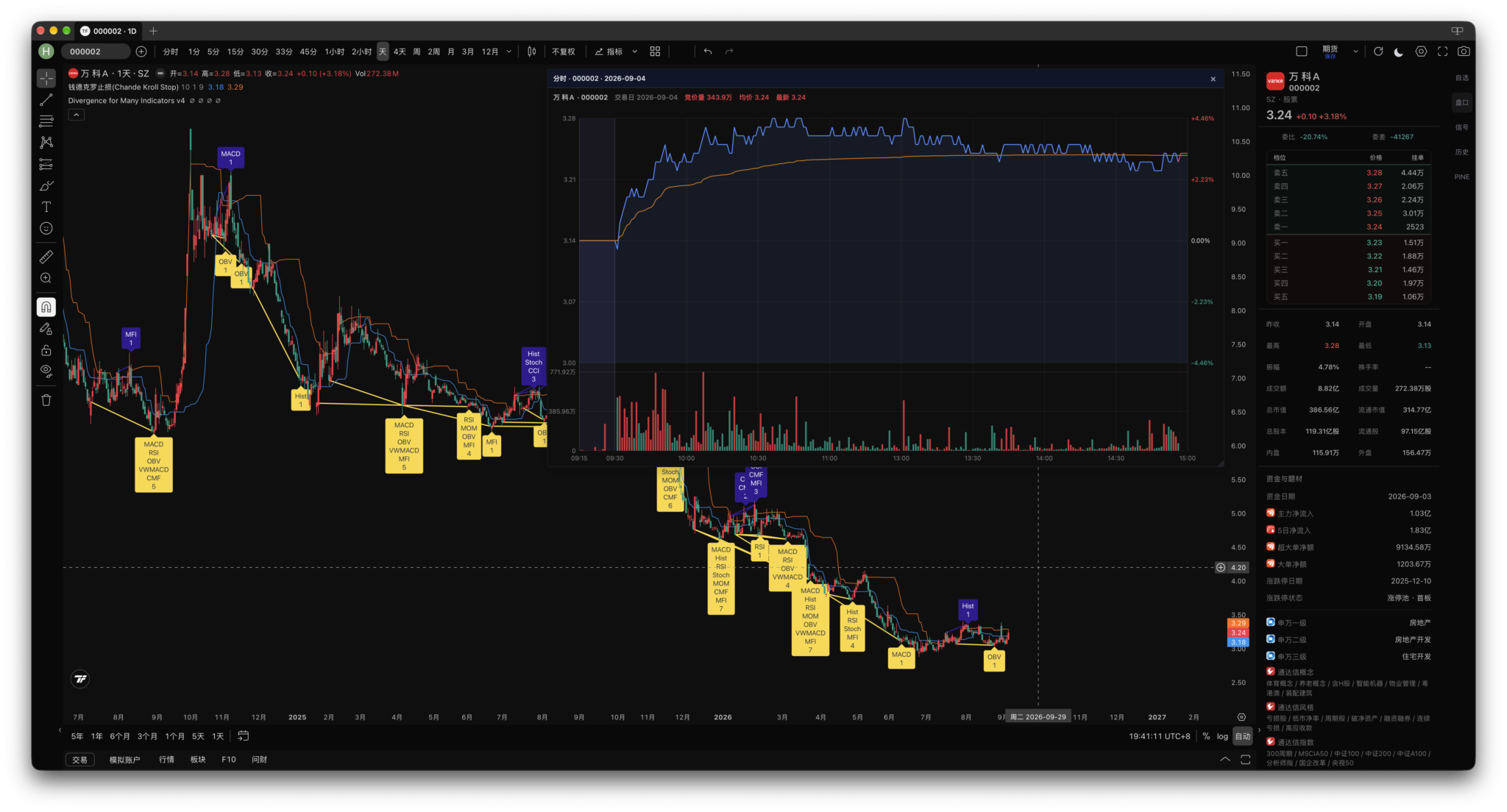 Trade Flow 分时图、均价线与五档买卖盘口